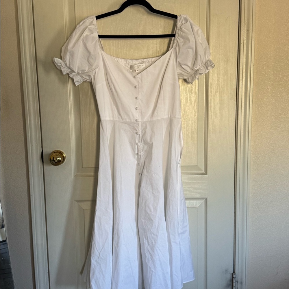 Caroline Constas White Midi Dress with Puff Sleeves